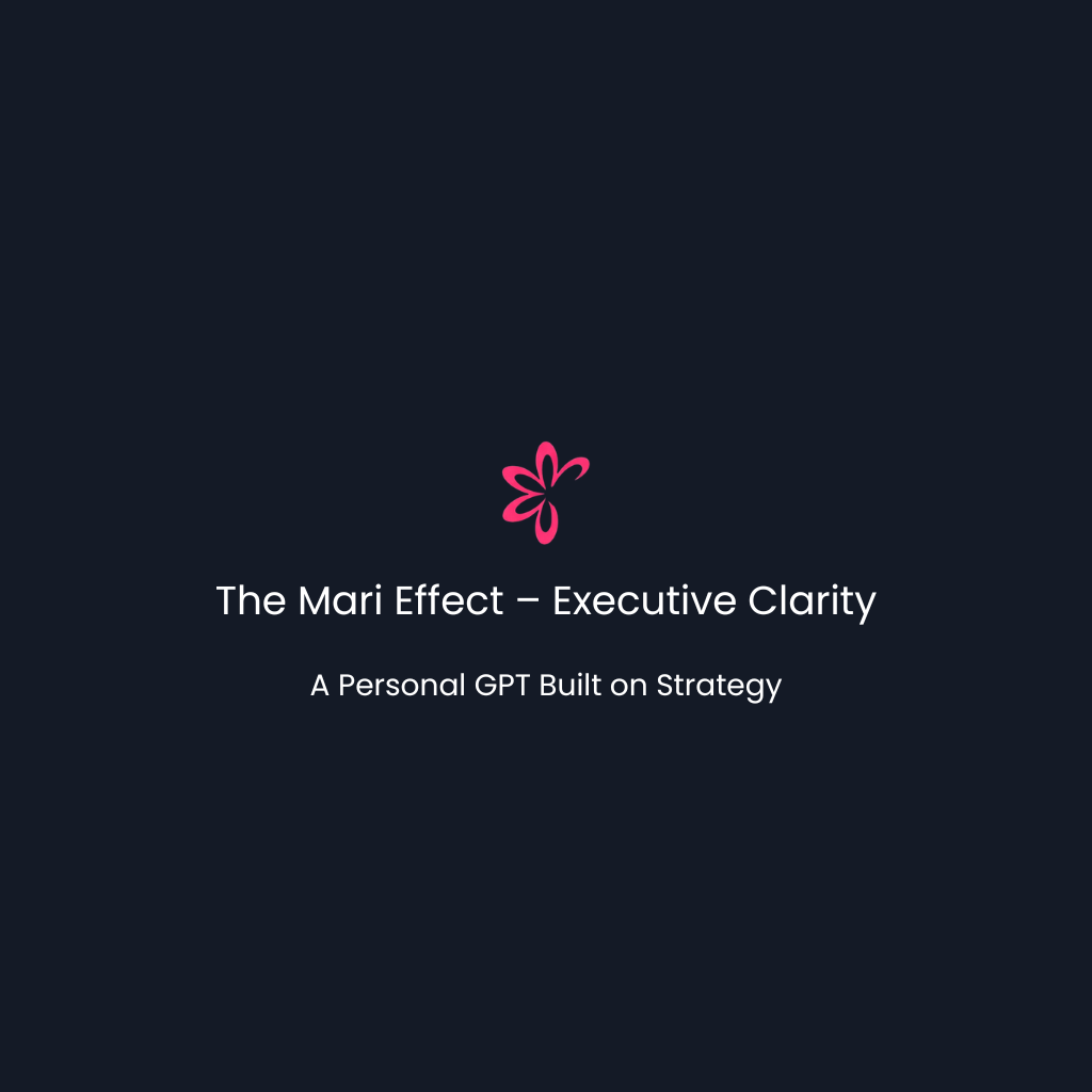 The Mari Effect – Executive Clarity hero image with pink flower logo on navy background