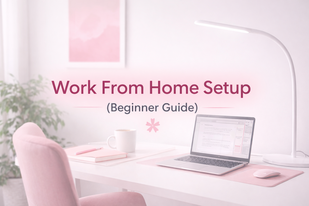 Work from home setup for beginners with a minimalist desk, laptop, and cozy home office design