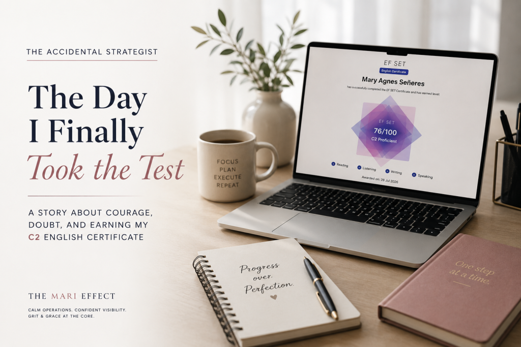 Laptop displaying an EF SET C2 English certificate on a cozy workspace with a notebook, coffee mug, and journal, representing a story about overcoming self-doubt and taking the test.