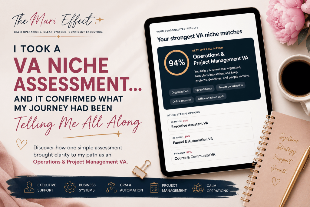 VA Niche Assessment results showing Operations & Project Management as the top virtual assistant specialization for The Mari Effect.
