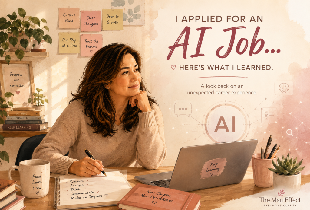 Professional woman reflecting on her experience applying for an AI evaluator role