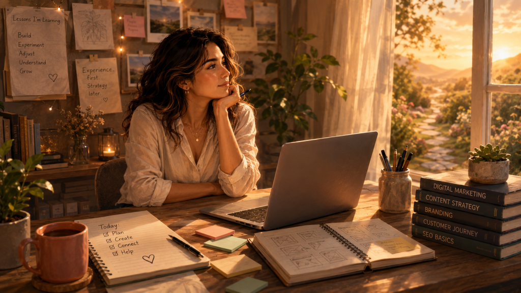 Professional woman reflecting on her digital marketing journey while working on a business website
