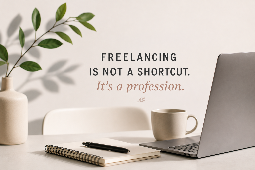 Minimalist workspace representing a professional freelance career