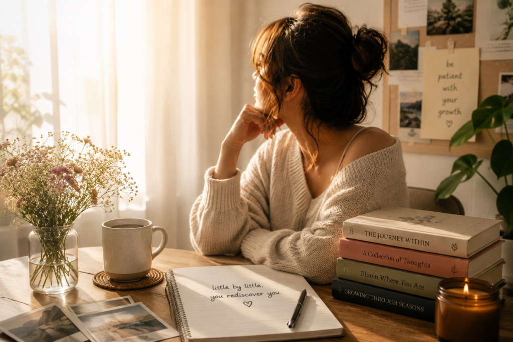 Woman reflecting beside books and a journal while rediscovering forgotten parts of herself