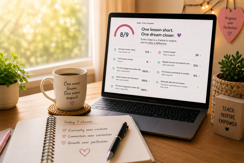 A reflective workspace featuring an online teacher reviewing student feedback and lesson progress, symbolizing growth beyond badges and teaching with intention.