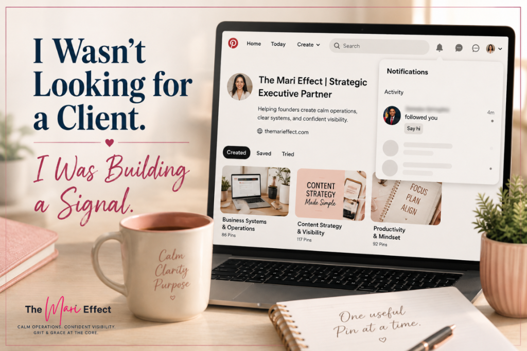 The Mari Effect Pinterest account receives its first meaningful follower while building intentional online visibility
