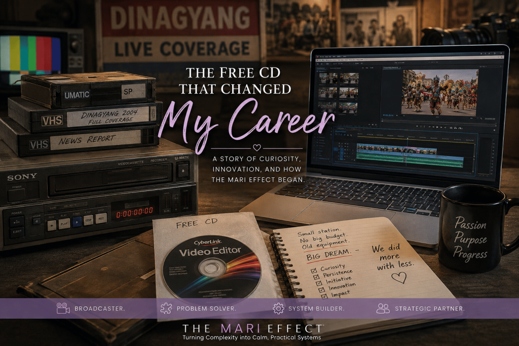 Vintage U-Matic and VHS video equipment beside a modern laptop editing Dinagyang footage, symbolizing the journey from traditional broadcasting to digital innovation and the beginning of The Mari Effect.